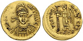 Odovacar, 476-493. Solidus, uncertain Italian mint. In the name of Basiliscus. Obv. D N bASILIS-CVS VV AVC Pearl-diademed, helmeted, and cuirassed bus...