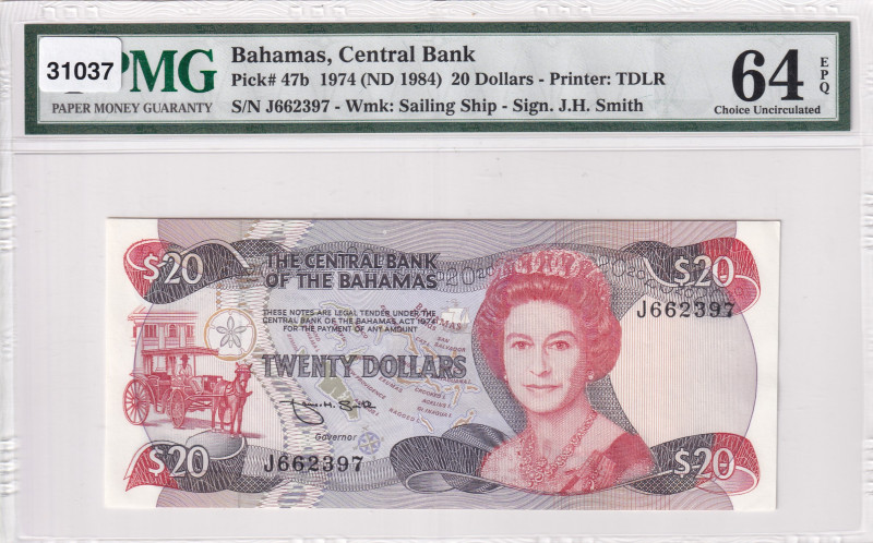Bahamas, 20 Dollars, 1974/84, UNC, p47b
PMG 64 EPQ
Estimate: USD 250-500