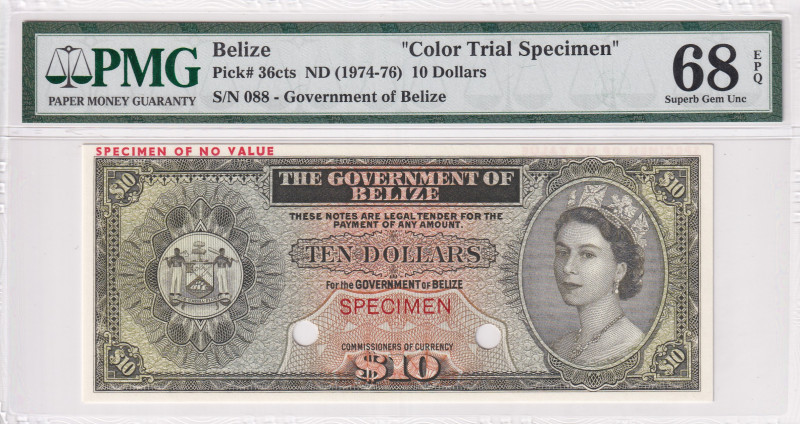 Belize, 10 Dollars, 1974/76, UNC, p36cts, SPECIMEN
Color Trail Specimen, PMG 68...