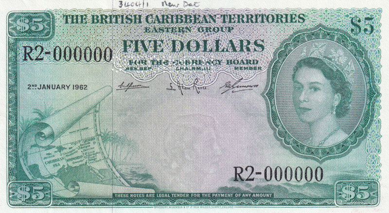 British Caribbean Territories, 5 Dollars, 1962, UNC, p9cs, SPECIMEN
Estimate: U...