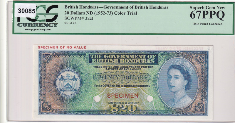 British Honduras, 20 Dollars, 1970, UNC, p32ct, SPECIMEN
Estimate: USD 2000-400...