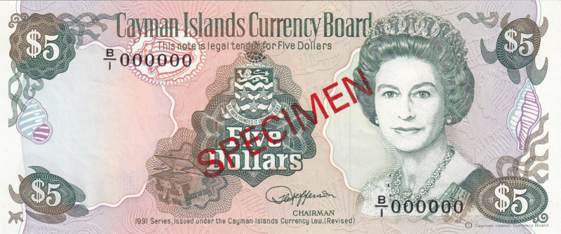 Cayman Islands, 5 Dollars, 1991, UNC, p12s, SPECIMEN
Estimate: USD 225-450