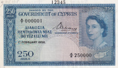 Cyprus, 250 Mils, 1956, AUNC(-), p33as, SPECIMEN
Estimate: USD 1100-2200