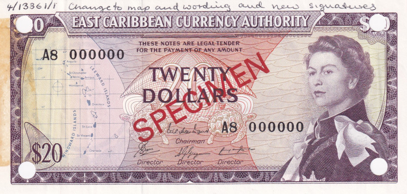 East Caribbean States, 20 Dollars, 1965, AUNC, p15s, SPECIMEN
Estimate: USD 750...