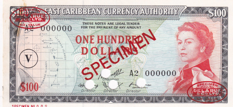East Caribbean States, 100 Dollars, 1965, UNC, p16ns, SPECIMEN
Estimate: USD 15...