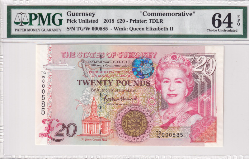 Guernsey, 20 Pounds, 2018, UNC, p-New
PMG 64 EPQ, Commemorative Issue
Estimate...