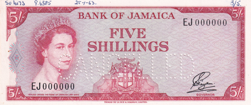 Jamaica, 5 Shillings, 1964, UNC, p51Abs, SPECIMEN
Estimate: USD 150-300