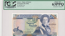 Jersey, 20 Pounds, 1993, UNC, p23a
PCGS 63 PPQ, Very low serial number, fourth banknote
Estimate: USD 150-300