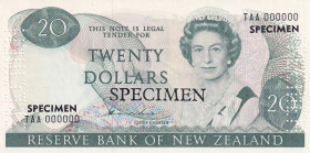 New Zealand, 20 Dollars, 1981, UNC, p173as, SPECIMEN
Estimate: USD 300-600