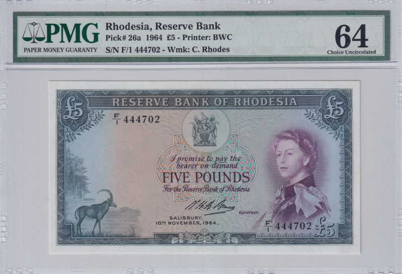 Rhodesia, 5 Pounds, 1964, UNC, p26a
Estimate: USD 600-1200