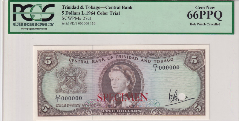 Trinidad & Tobago, 5 Dollars, 1964, UNC, p27ct, SPECIMEN
Estimate: USD 400-800