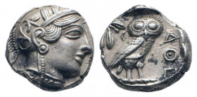 ATTICA.Athens.Circa 454-404 BC.AR Tetradrachm.Helmeted head of Athena right / AΘE; owl standing right, head facing; olive sprig and crescent behind; a...
