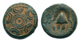 KINGS of MACEDON. Alexander III.The Great.336-323 BC.Uncertain mint.AE Bronze. Macedonian shield / Helmet, Grain below, K monogram right.Very fine.

W...