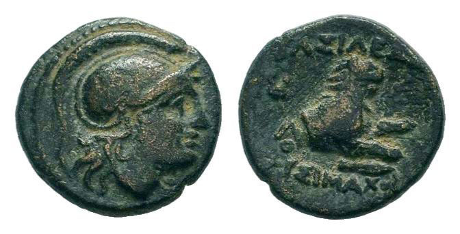 KINGS of THRACE. Lysimachos. 305-281 BC.Lysimacheia mint.AE Bronze. Head of Athe...