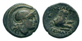 KINGS of THRACE. Lysimachos. 305-281 BC.Lysimacheia mint.AE Bronze. Head of Athena to right, wearing crested Attic helmet / ΒΑΣΙΛΕΩΣ - ΛΥΣΙΜΑΧΟΥ, Fore...