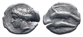 PAPHLAGONIA. Sinope. Circa 330-300 BC.AR Drachm.Head of nymph left, with hair in sakkos /Sea-eagle standing left, with wings spread, on dolphin left. ...