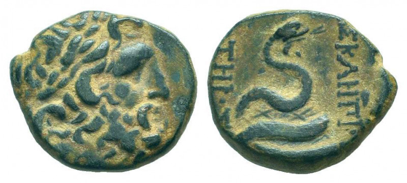 MYSIA.Pergamum.200-20 BC.AE Bronze. laureate head of Asklepios right / ASKLHPIOY...