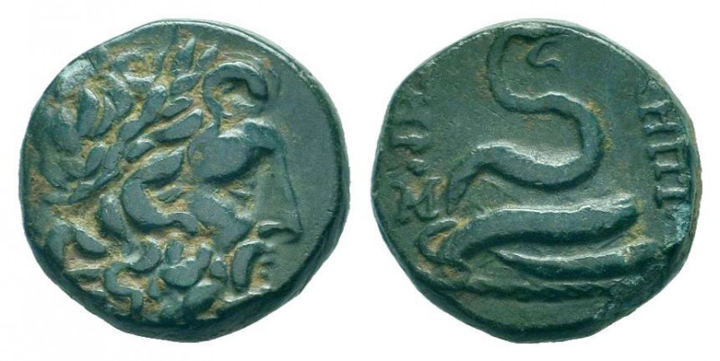MYSIA.Pergamum.200-20 BC.AE Bronze. laureate head of Asklepios right / ASKLHPIOY...