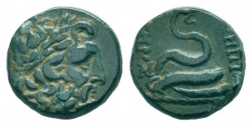 MYSIA.Pergamum.200-20 BC.AE Bronze. laureate head of Asklepios right / ASKLHPIOY SWTHROS, legend with serpent-entwined omphalos. Sear 3967; Lindgren I...