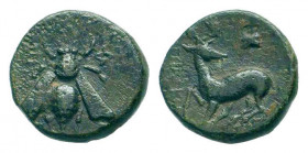 IONIA.Ephesos .390-300 BC.ae Bronze. Ε-Φ to left and right of a bee / stag prancing left, head right; astragalos to right.SNG Copenhagen 247-253.Very ...