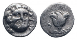 ISLANDS of CARIA.Rhodos. Circa 205-190 BC.AR Drachm.Head of Helios facing slightly right; Countermak, Lyre / Rose with bud to right, above, butterfly ...