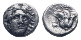 ISLANDS of CARIA.Rhodos. Circa 205-190 BC.AR Drachm.Head of Helios facing slightly right / Rose with bud to right, above, butterfly to left, P-O acros...