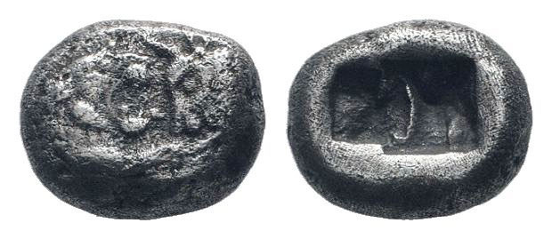 LYDIA.Kroisos.Circa 561-546 BC.AR Half Stater.Confronted foreparts of a roaring ...
