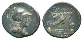 PHRYGIA.Apamea.Ca 133-48 BC.AE Bronze.Bust of Athena right, wearing high crested Corinthian helmet and an aegis / ΑΠΑΜΕΩΝ; eagle alighting on basis wi...