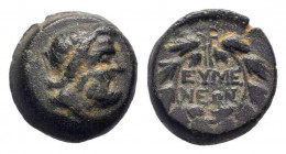 PHRYGIA. Eumeneia.Circa 200-133 BC.AE Bronze.Laureate head of Zeus right / EYMENEΩN, Legend in two lines within wreath.BMC 1-4; SNG Copenhagen 377-378...