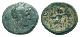 PHRYGIA.Philomelion.133 BC.AE Bronze. Laureate and draped bust of Men on crescent right, wearing phrygian cap / ΦΙΛΟΜΗ ΣΚΥΘΙΝΟ, Zeus seated left holdi...