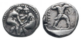 PAMPHYLIA.Aspendos. 380-330 BC.AR Stater.Two wrestlers grappling, standing and grappling with each other / EΣTFEΔIIY, legend to left of slinger standi...