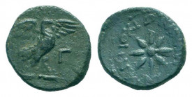 PISIDIA.Antioch.1st Century BC.AE Bronze. Eagle with wings spread standing right on thunderbolt; Γ to right / A]NTIOXEѠN AΣKΛHΠIOΔΩΡ, eight-pointed st...