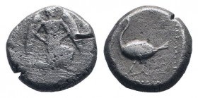 CILICIA. Mallos. Circa 440-390 BC.AR Stater.Winged male figure advancing right, holding solar disk with both hands / MAΛ Swan standing left; to left, ...