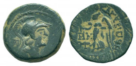 CILICIA.Seleukeia.2nd-1st Centuries BC.AE Bronze. Helmeted head of Athena right / ΣΕΛΕΥΚΕΩΝ ΤΩΝ ΠΡΟΣ ΤΩΙ ΚΑΛΥΚΑΔΝΩΙ,Nike advancing left, holding wreat...