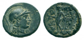 SYRIA.Seleucis and Pieria.A.Seleukos II.246-226 BC.Sardes mint.AE Bronze.Helmeted head of Athena right / ΒΑΣΙΛΕΩΣ ΣΕΛ-ΕΥΚΟΥ, Apollo standing left, lea...