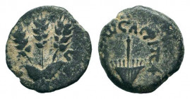 JUDAEA.Herodians. Agrippa I.37-43 AD.AE Bronze. ΒΑCIΛЄⲰC ΑΓΡΙΠΑ Umbrella-like canopy with fringes / L - ζ Three grain ears.RPC I online 4981; Hendin 1...