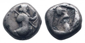 ACHAEMENID EMPIRE.Circa 485-470 BC. AR Siglos . Persian king or hero right, in kneeling-running stance, holding spear and bow / Incuse punch. Carradic...