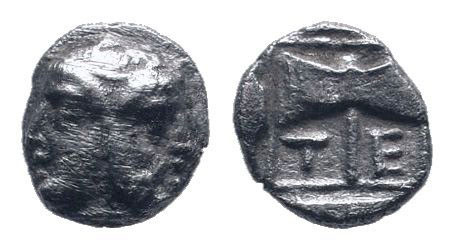 TROAS. Tenedos. Circa 450-387 BC.AR Hemidrachm. Janiform female and male heads /...