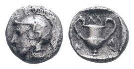 LESBOS.Methymna.Circa 450/40-406/379 BC.AR Obol. Helmeted head of Athena left / Kantharos; M above, ivy leaf to left and right; all within incuse squa...