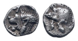 MYSIA.Cyzicus.Circa 450-400 BC.AR Obol. Forepart of boar left / K(retrograd) Lion head left, all within incuse square. SNG Aulock 1215; Klein, KM 266....