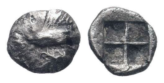 MYSIA.Cyzicus.Circa 450-400 BC.AR Obol. Forepart of boar left, tunny behind / He...