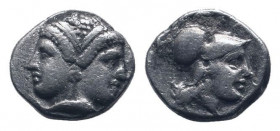 MYSIA.Lampsakos.Circa 390-330 BC.AR Trihemiobol.Female double-head, wearing earring / Head of Athena right, wearing Corinthian helmet, ΛΑΜ, bee.Gaeble...