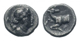 IONIA.Ephesos .Circa 245-202 BC.AR Obol. Draped bust of Artemis right, quiver at shoulder / Forepart of stag kneeling right, head left.SNG Copenhagen ...