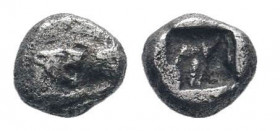 KINGS of LYDIA. Kroisos.Circa 560-546 BC.AR 1/12 Stater. Sardes mint. On the left, forepart of lion with open mouth to right confronting, on the right...