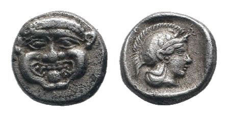 PAMPHYLIA.Aspendos. Circa 420-360 BC.AR Obol . Gorgoneion with protruding tongue...