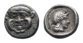 PAMPHYLIA.Aspendos. Circa 420-360 BC.AR Obol . Gorgoneion with protruding tongue / Ε Σ, Head of Athena to right, wearing crested Attic helmet adorned ...