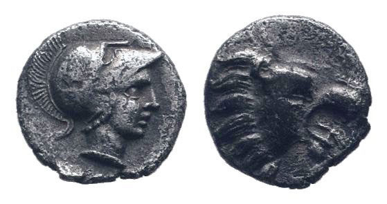 PAMPHYLIA.Side. Circa 400-380 BC. AR Obol. Head of lion right / Helmeted head of...