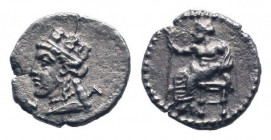CILICIA.Nagidos.Circa 400-380 BC.AR Obol.Baal seated left on throne, holding lotus-tipped sceptre / N - A, Turreted head of Tyche left. Göktürk 5.Good...
