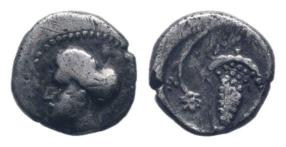 CILICIA.Soloi.Circa 410-375 BC. AR Obol.Helmeted head of Athena left / Grape bun...