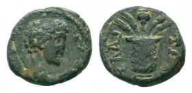 AIOLIS.Elaia. Lucius Verus AD 147-161. AE Bronze.ΛΟVΚΙΟϹ ΚΑΙϹΑΡ, bare head of Lucius Verus , right / ΕΛΑΙΤΩΝ, kalathos containing poppy and four ears ...